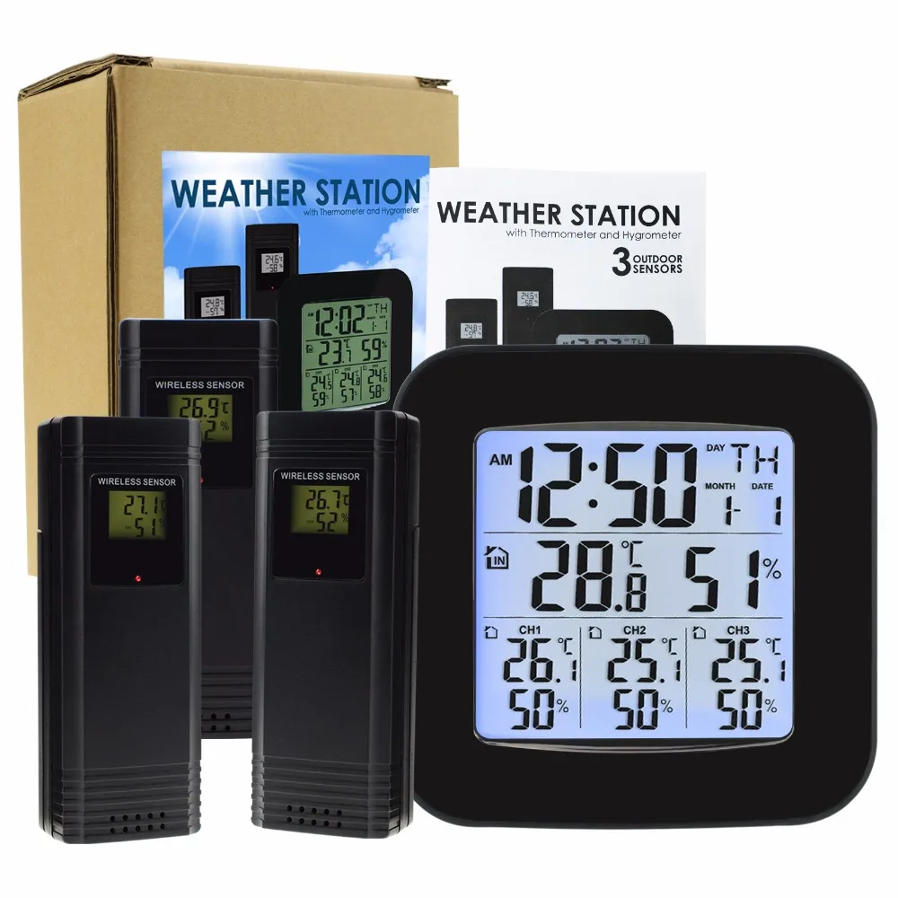 Beste Weerstation w 3 Indoor Outdoor Draadloze Sensoren Digitale Thermometer Hygrometer Zwart LED LCD Display Temperatuur en Vochtigheid