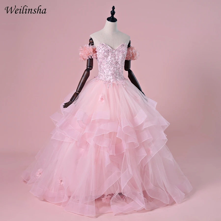 Weilinsha/розовое пышное платье принцессы, бальное платье с аппликацией и оборками, с открытыми плечами, платья для дня рождения, 16 платьев