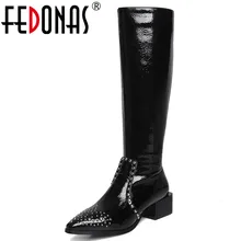 FEDONAS/модные женские сапоги до колена с острым носком в стиле панк; сапоги для верховой езды из лакированной кожи; вечерние сапоги для ночного клуба