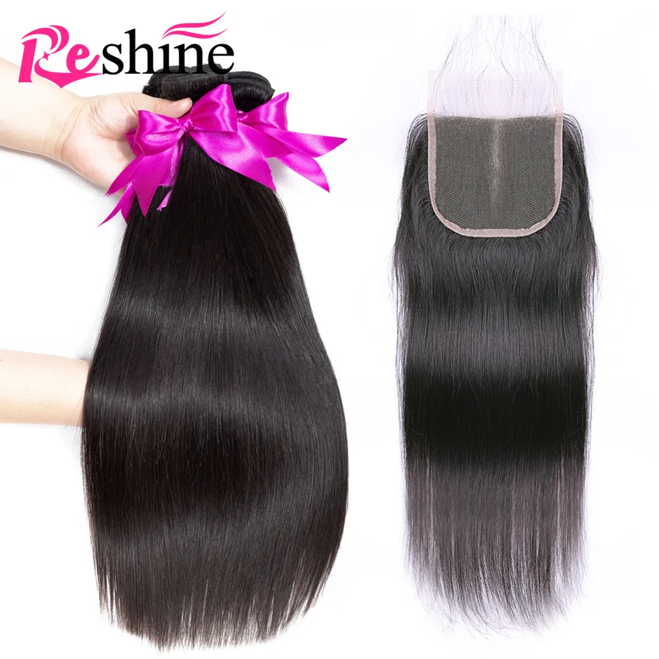 RESHINE волосы перуанские прямые 3/4 пучки с закрытием человеческие Remy 3 пучка
