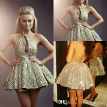 Sexy Gold Cocktailkleider 2016 Halter Sparkle A-Line Short Abendkleid robe de cocktail Abschlussfeier Kleid