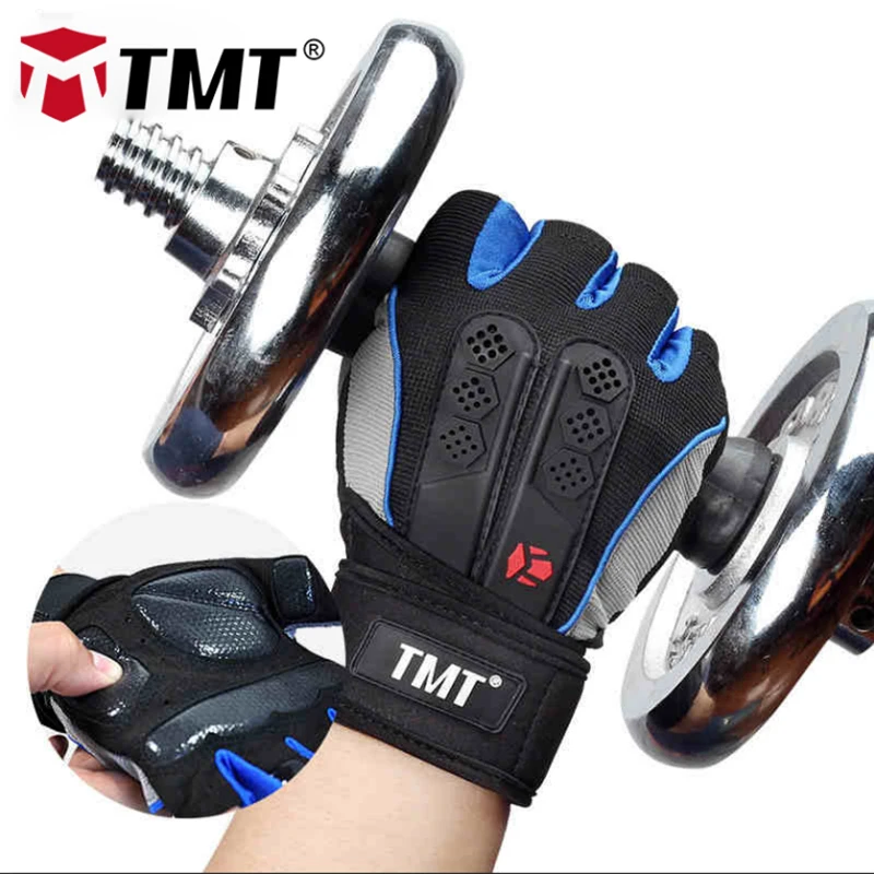 

TMT Silicone Antislip Breathable Meshed Lengthened bandage Weightlifting Fitness Dumbbell Gym Body Building Half Finger Gloves