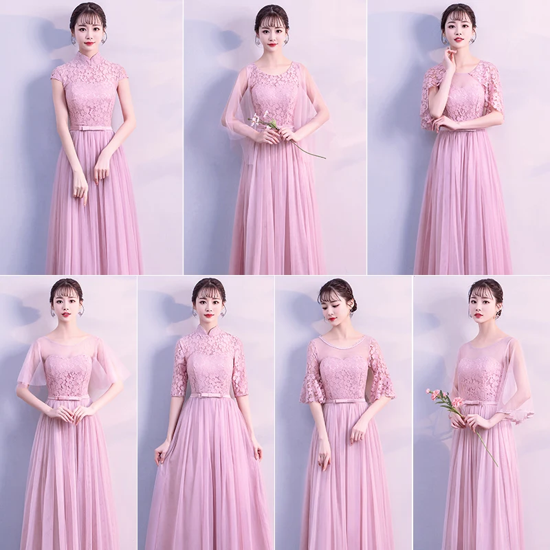 

lace Elegant Long Formal sister prom Junior Champagne Dusty Blue Gray Pink Purple Bridesmaid Dresses Wedding Guest Dress 950
