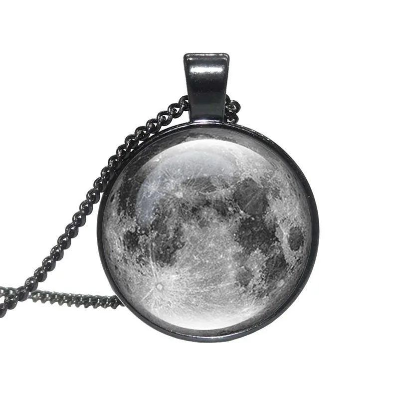 

XUSHUI XJ Galaxy Gray Moon Necklaces for Women Handcrafted Art Glass Cabochon Pendant Statement Black Chain Necklace Men Jewelry