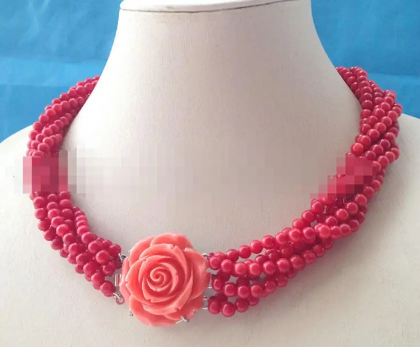 

Beautiful 17" 6row 4mm round red coral necklace