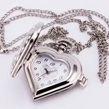 Coeur Forme De Luxe Argent Rétro Antique Creux Montre De Poche Pendentif Long Pull Fob Montre Avec La Chaîne de Collier Femmes Fille cadeau