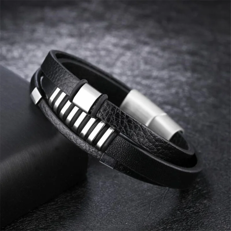 

Men Fashion Jewelry Stainless Steel Leather Bracelet Multi Layer Retro Cowhide Rope chain For Men Bracelets Gift Wholesale