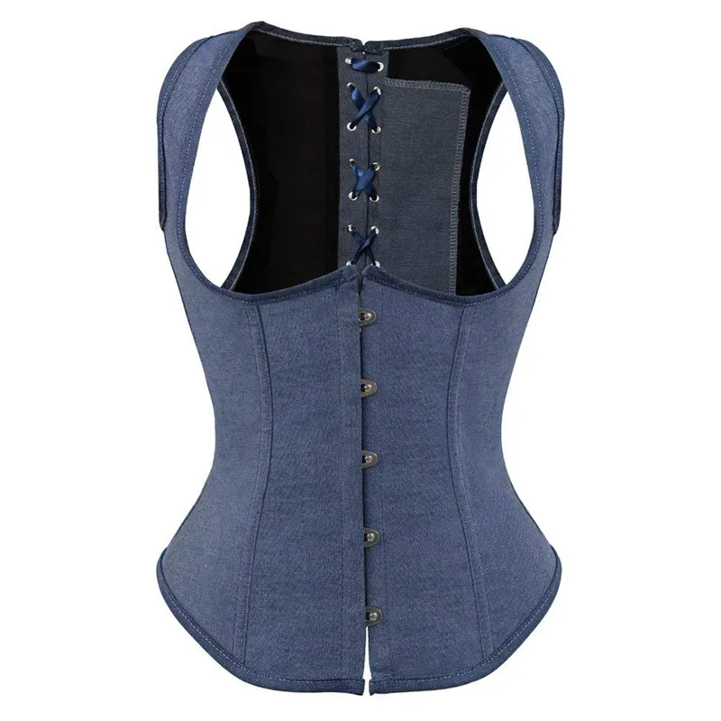 Corset Underbust Sexy Cincher Bustier Denim Blue Corsets Straps Vest