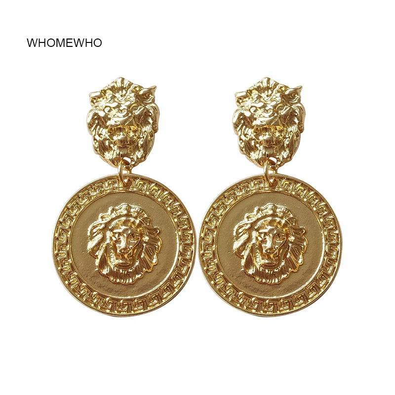 

Gold Metal Double Round Embossment Lion Heads Animal Minimalist Earrings Korean Fashion Jewelry Birdal Wedding Party Accessory