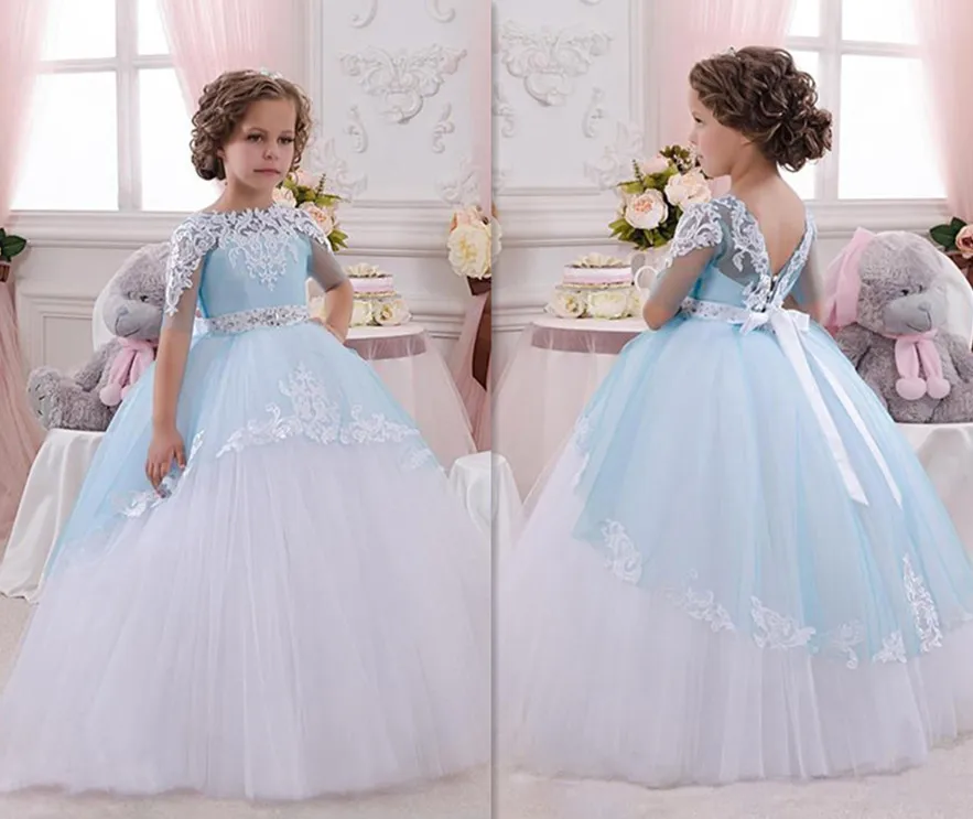 

Hot Robe Customized Ball Gown Crew Neck Flower Girl Dress Ankle Length Bow Sash Patchwork Long First Communion Dresses