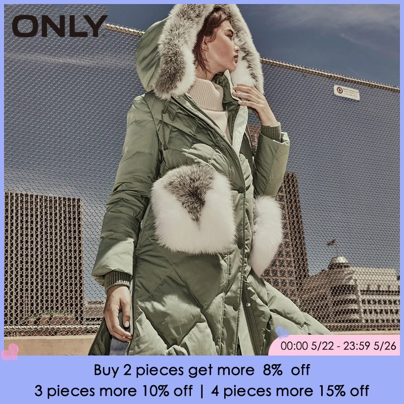 

ONLY 2019 Spring Summer New Women's Fox Fur Collar Loose Fit White Duck Down Jacket |118312568