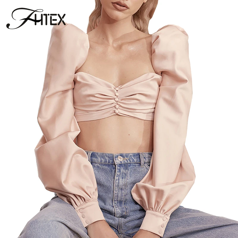 

Sweet Strapless Pink Slim Casual Crop Top Women Button Lantern Sleeve Summer Shirts Tops Ladies Going Out Short T Shirts