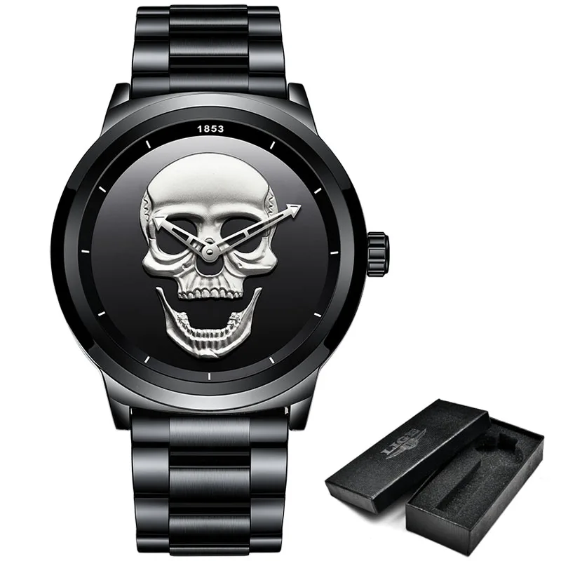 LIGE Skeleto, мужские часы, Топ бренд, повседневные, 3D череп, полностью стальные, водонепроницаемые, военные, спортивные, Мужские кварцевые наручные часы, Relogio Masculino - Цвет: Steel Black silver