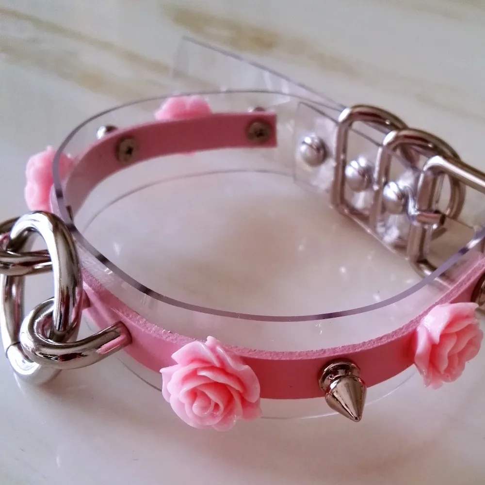 

New Fashion Sexy Harajuku Leather Punk Choker Necklace Baby Pink Flower O-Round Rivets Collar handmade goth torque hot rock