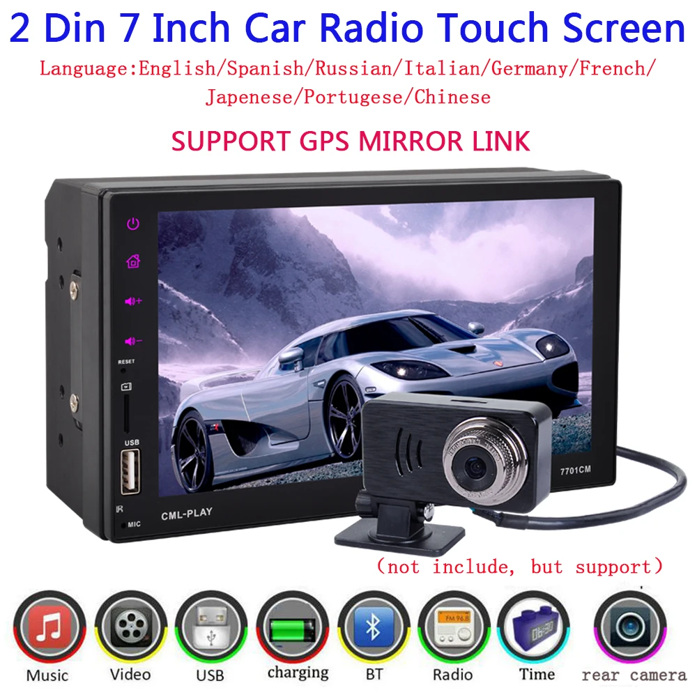 2 Din Car Radio Touch Screen 7 inch GPS Android mirror link 9 languages hands free
