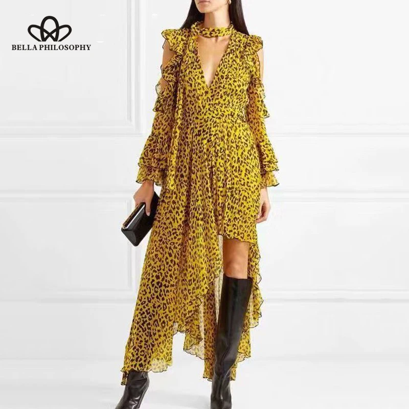 Leopard Female Dresses For Women Off Shoulder Flare Sleeve Asymmetric Hem Backless Ruffles Dress Vintage Wonde Store