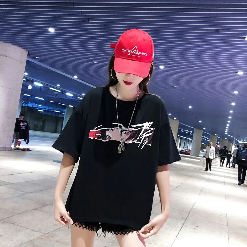 Летние женские футболки с готическим принтом Харадзюку, короткие рукава, свободные топы в стиле кэжуал, футболка с круглым вырезом, Женская Корейская черная уличная одежда в стиле хип-хоп