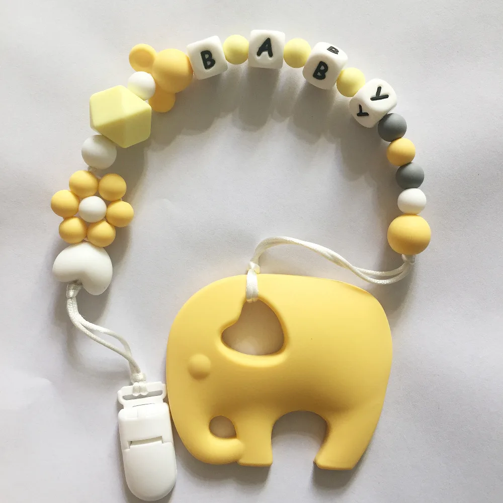 Personalized Name Silicone Teething Pacifier Clips with Elephant