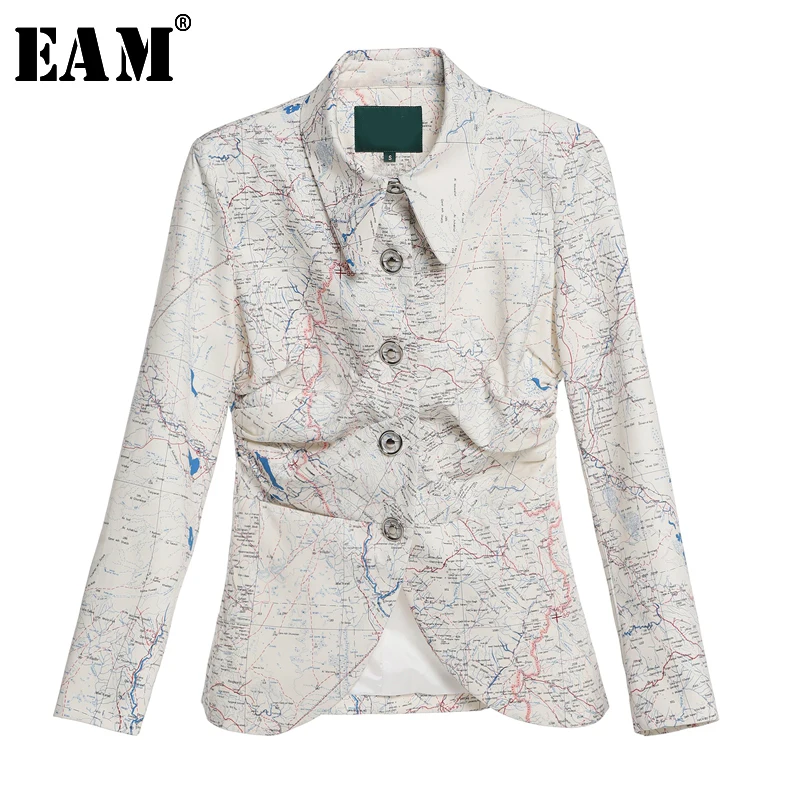 

[EAM] 2019 New Autumn Winter Lapel Long Sleeve Map Printed Irregular Hem Fold Stitch Loose Jacket Women Coat Fashion Tide JQ261