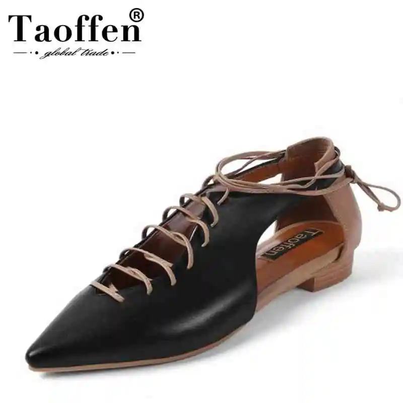 

TAOFFEN Women Flats Sandals Pointed Toe Cross Strap Genuine Leather Women Summer Shoes New Design For Club Footwear Size 34-39