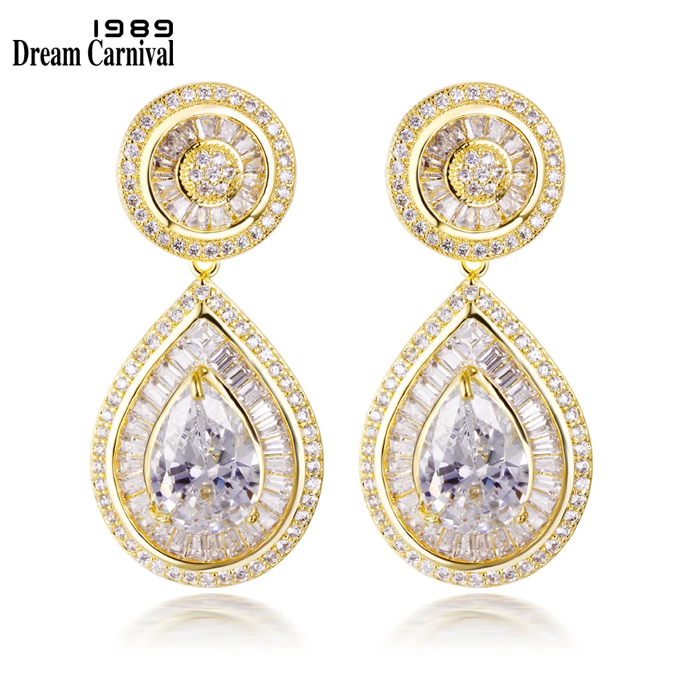 

DreamCarnival1989 Luxury Jewelry Blue Green Champagne Clear AAA Zircon Sparkling Big Gold Color Women Dangle Earrings SE08327