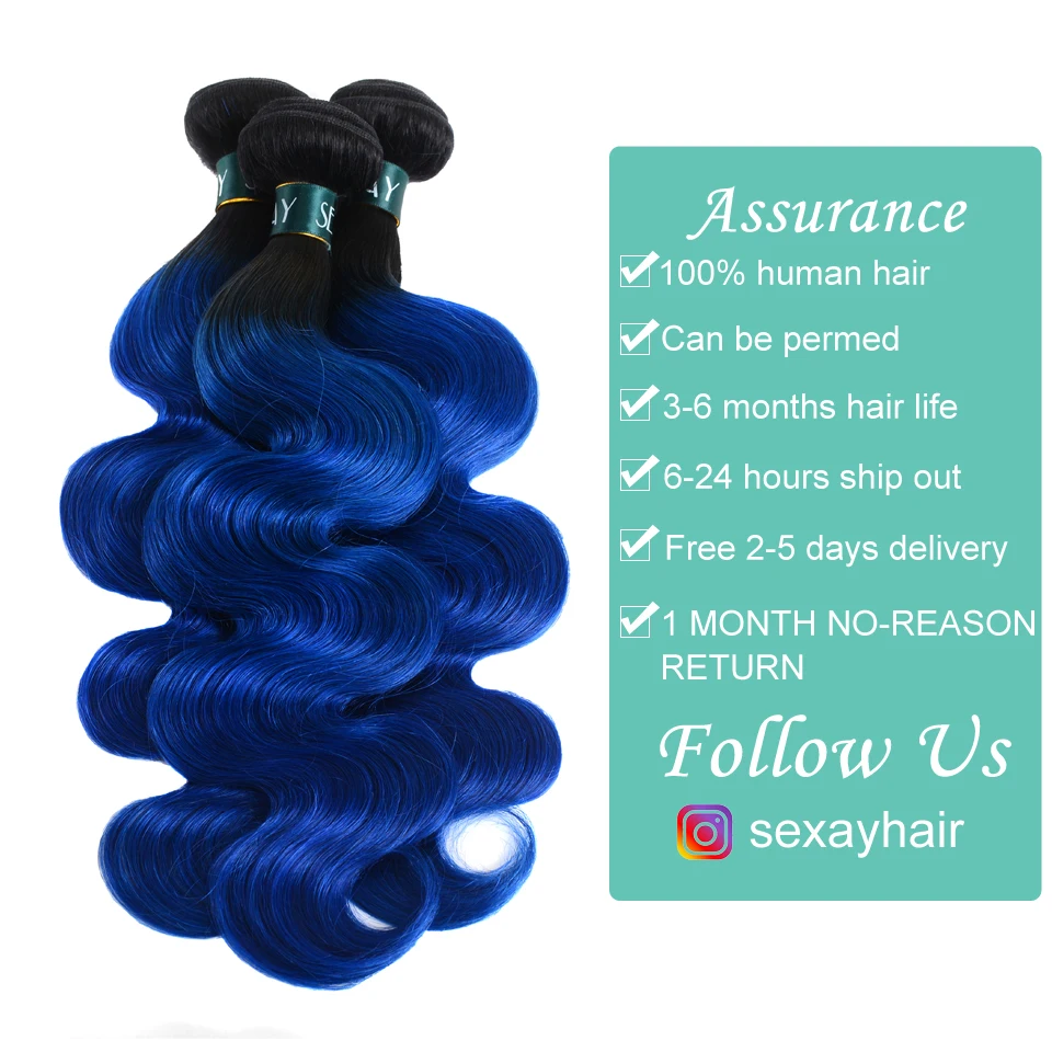 SEXAY Blue Hair 3 Bundles With Closure One Pack Dark Roots Two Tone Ombre Brazilian Body Wave Human Hair Weft With Lace Closure SEXAY Blue Hair 3 Bundles With Closure One Pack Dark Roots Two Tone Ombre Brazilian Body Wave Human Hair Weft With Lace Closure