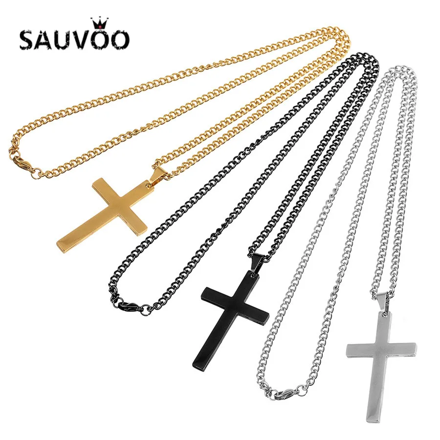 

SAUVOO Gold Black Color Cross Pendant Necklace Fashion Women Men Stainless Steel Jesus Cross Link Chain Necklace Hip Hop Jewelry