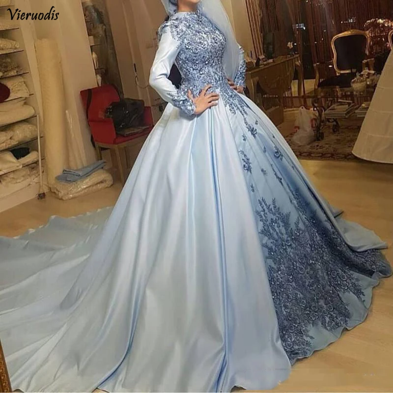 16-1              Classy Muslim Ball Gown Formal Evening Dresses With Long Sleeves High Neck 3D Appliqued Satin Beaded Plus Size Overskirts Prom Party Gowns