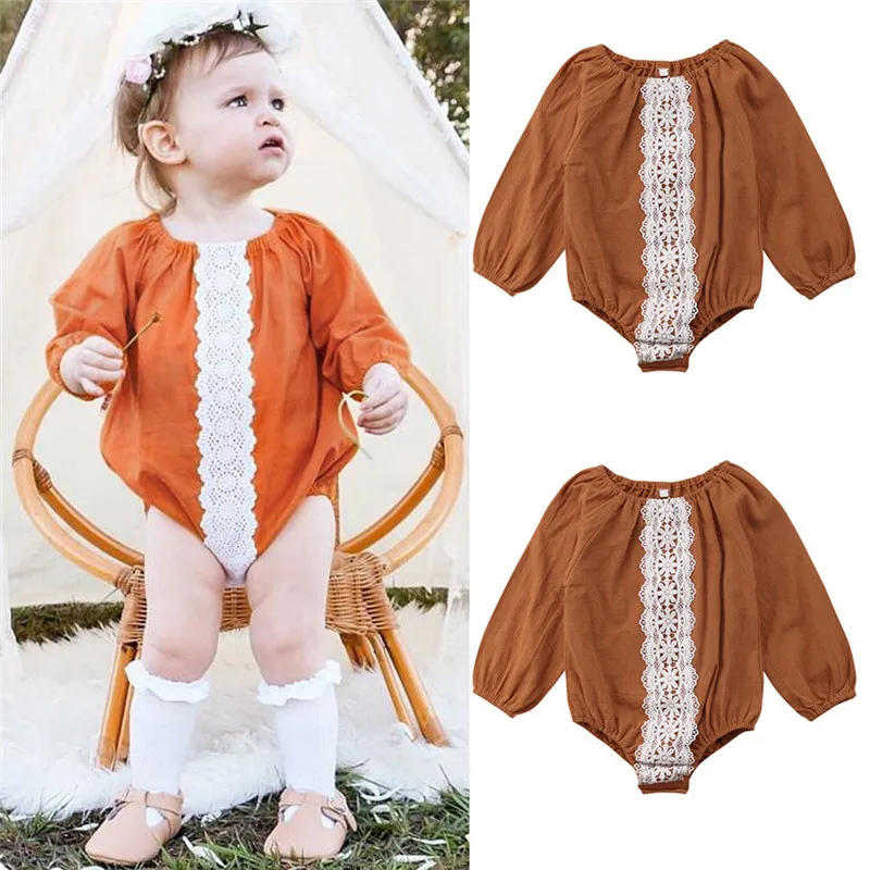 Trendy Kids Toddler Baby Boys Girls clothes Lace round neck long sleeve Bodysuit summer cotton newborn Geometry Tops one pieces