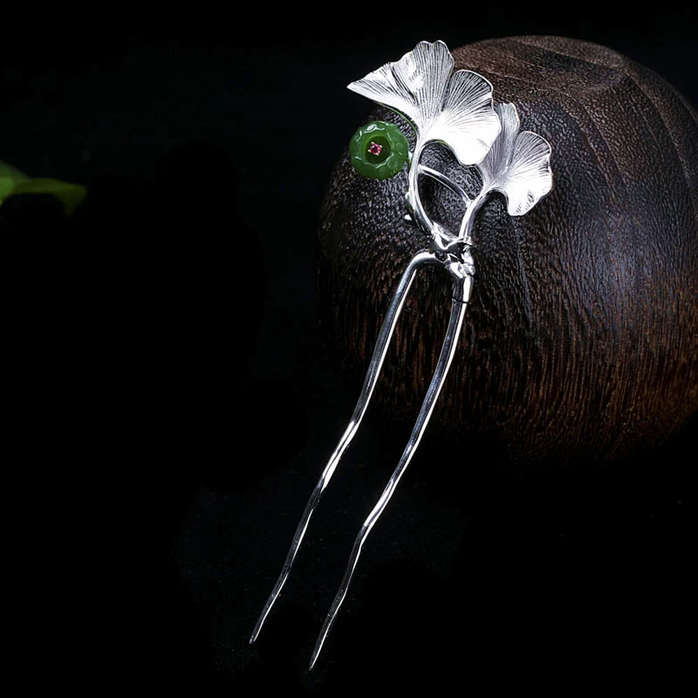 Серебряная шпилька для волос с инкрустацией листьев Ginkgo из тайского серебра в