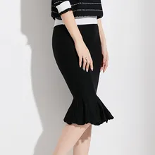 Эластичная облегающая женская юбка, Осень-зима, Черная вязанная юбка русалки, женская модная элегантная юбка с оборками, Женская юбка миди