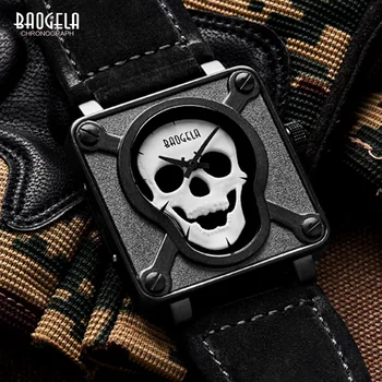 

BAOGELA Men's Premium Luminous Skull Quartz Watches Fashion Skeleton Analogue Wristwatch for Man Leather Strap 1701Black