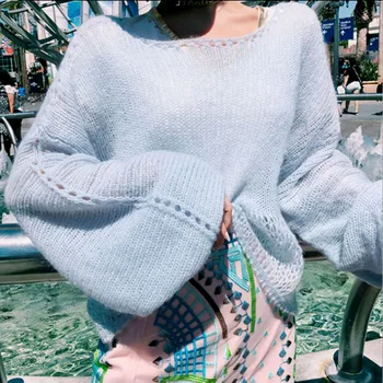 

HAMALIEL Autumn Winter Fashion Loose Knitted Sweater Lazy Light Blue Mink Cashmere Soft Warm Pullovers Casual Long Sleeve Jumper