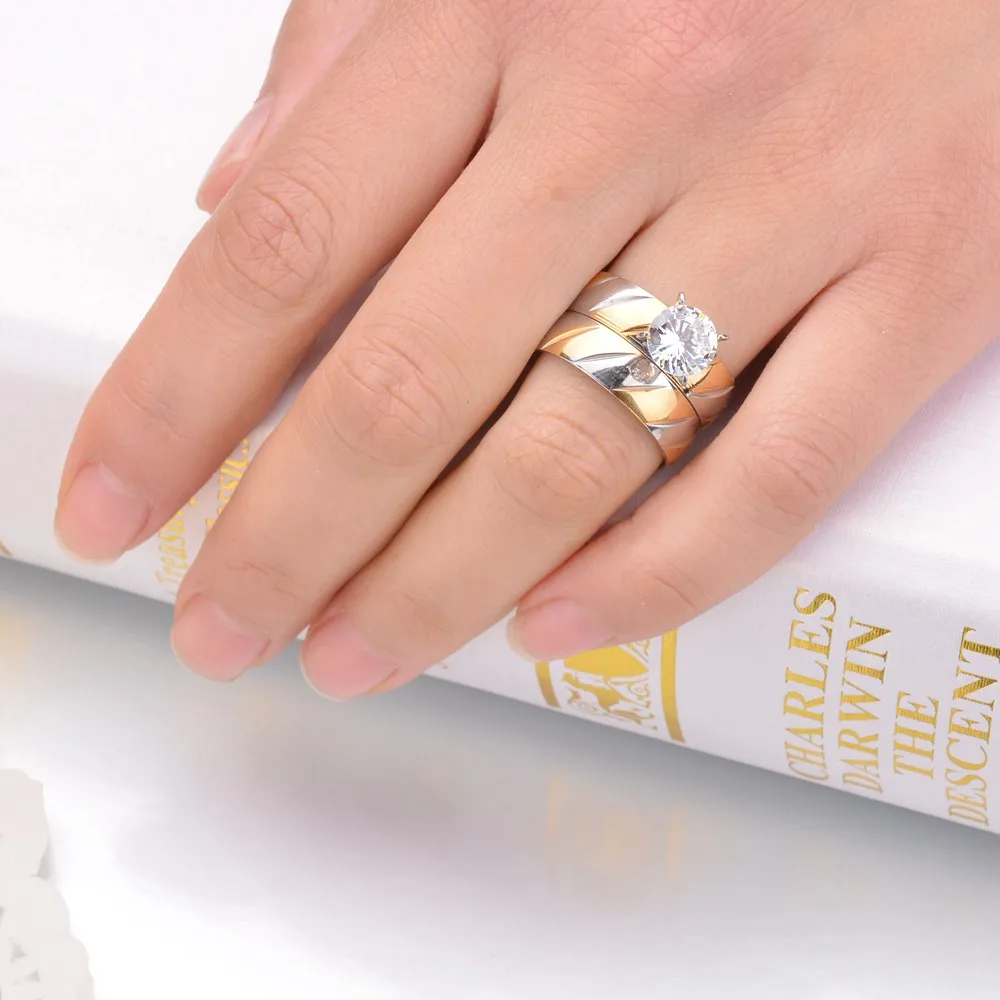 6mm x2 Romantic Wedding Ring White Zircon Gold-Color Stainless Steel Couple Rings for Lover Engagement Party Jewelry Gift