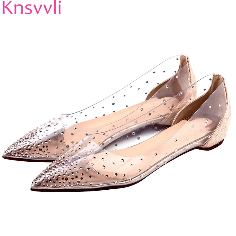

Knsvvli Pointed Toe Flat Shoes Women Luxury Rhinestone Clear PVC Fashion Comfort Ladies Shoes Shallow Slip On zapatos mujer