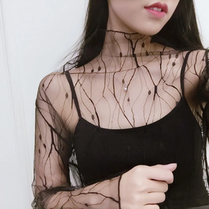 

Women Sexy Black Thin Print Mesh Long Sleeve Shirt Blouses Tops 2017 New