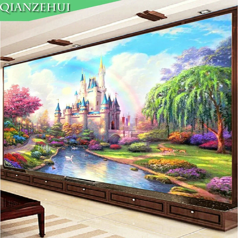 

QIANZEHUI,Needlework,DIY Precision printing Mediterranean Rainbow Castle Cross stitch,Full embroidery Sets For Embroidery kits