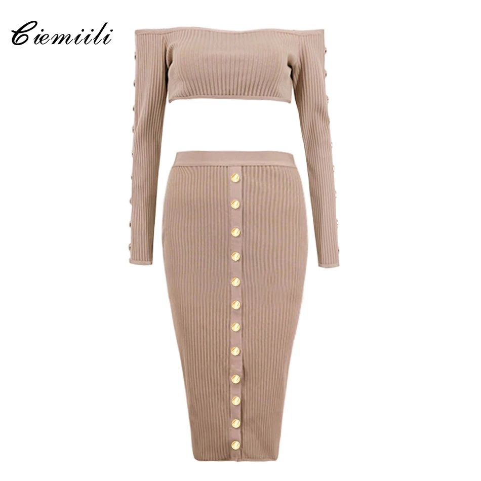 

CIEMIILI Slash Neck Full Sleeves Short Tops Empire Button Knee Length Skirts 2018 Women Bandage Celebrity Party Sexy Two Pieces