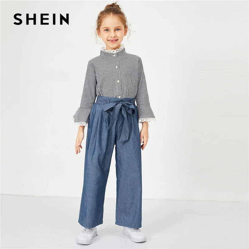 SHEIN Kiddie Blue/Элегантные штаны с эластичной резинкой на талии и поясом для девочек; коллекция года; сезон весна; Модные Винтажные брюки; брюки для девочек; детская одежда