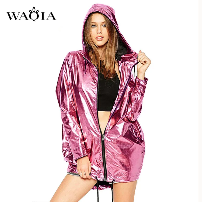 WAQIA Punk Metallic Color Hooded Basic Jacket Coat Women Lace Up Pocket Biker Jacket Outwear Autumn Casual Zipper Bomber Jacket