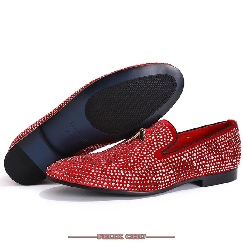 Роскошные кожаные красные, черные бархатные Лоферы со стразами, Золотая кисточка, Свадебные вечерние туфли для банкета, повседневные мужские туфли+ мужские - Цвет: Red