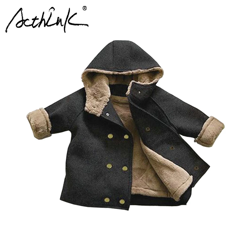 

ActhInK New Baby Boys Hooded Woolen Coat Boys Winter Thick Fleece Jacket Kids Double Breasted Coat Baby Boys Warm Hooded Jacket