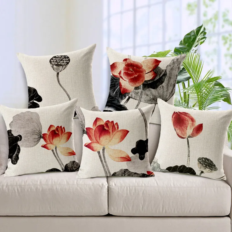 

8 Patterns 45cm*45cm Cushion Covers Lotus Cotton Linen Cushion Cover Adult Pillow Cover for Home Sofa Decoration Pillowcase