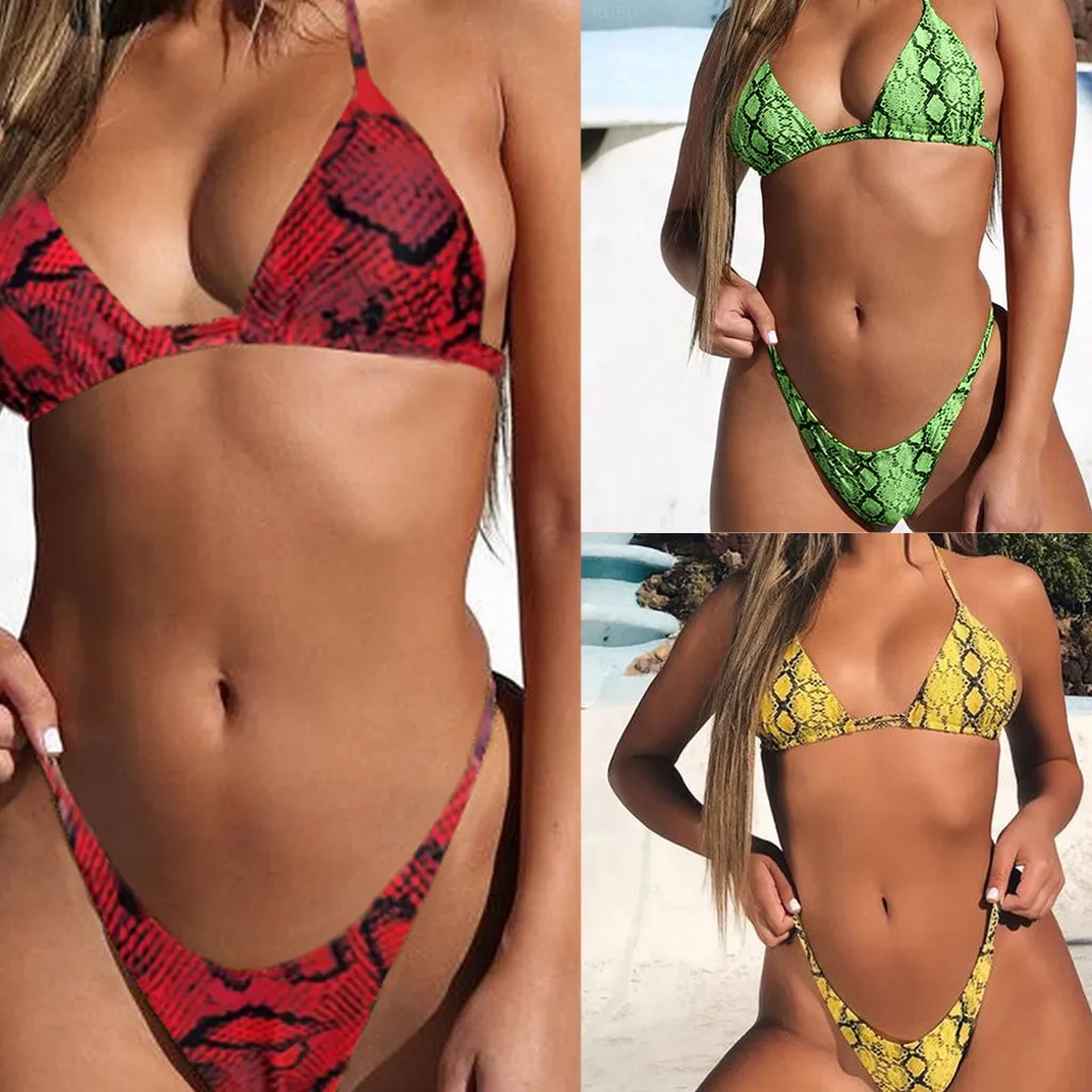 

Summer Fashion Women Sexy Snake Pattern Strap Print Red Yellow Green Swimsuit Bikini Low Waist Brief Micro Thong Beach Bathing
