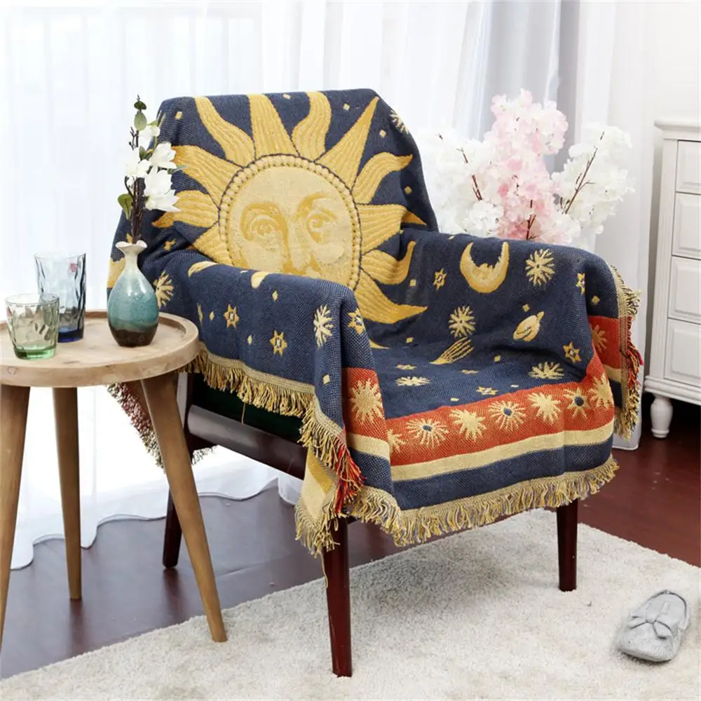 Luxury Cotton Woven Sun Apollo Throw Blanket for Sofa Fringed with