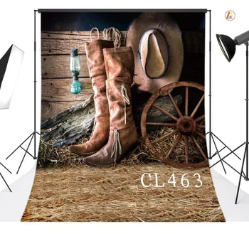 

Polyester Backdrop Decor Background Photography Studio Props Cowboy Boots and Hat Photographic Photo Seamless Washable No Crease