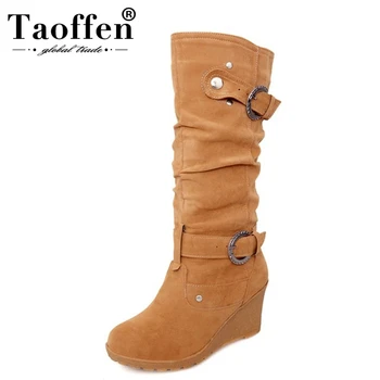 

TAOFFEN Size 34-41 Women High Wegdes Boots Buckle Rivet Half Short Boots Thick Fur Warm Botas Winter Shoes Female Footwear