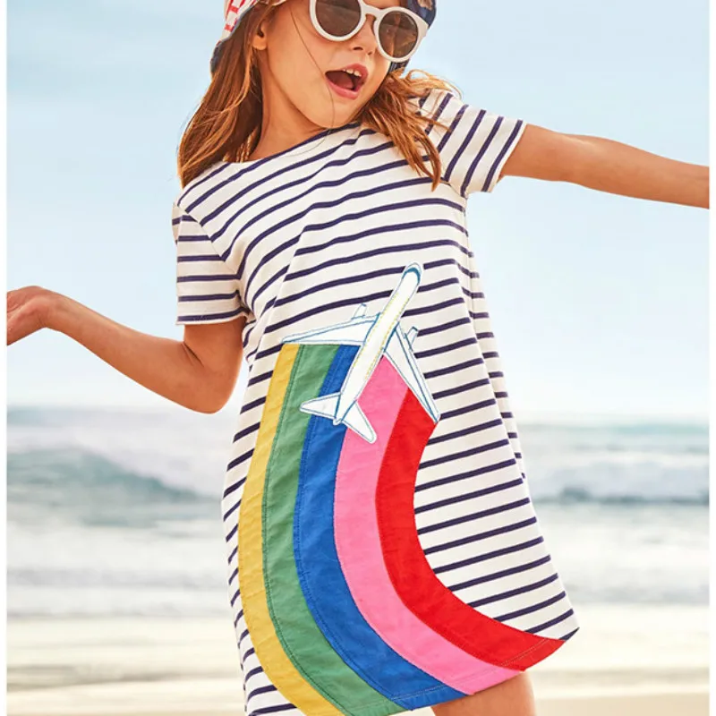 

2-6 Years Summer Little Girls Dress Stripe Applique Rainbow Bird Excellent Quality Cotton Clothing Short Sleeve One Piece Outfit