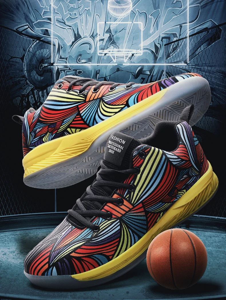 Горячая Распродажа желтая Черная Мужская Баскетбольная обувь для улицы с низким верхом, спортивные кроссовки с принтом, ультракороткие кроссовки Basket Homme