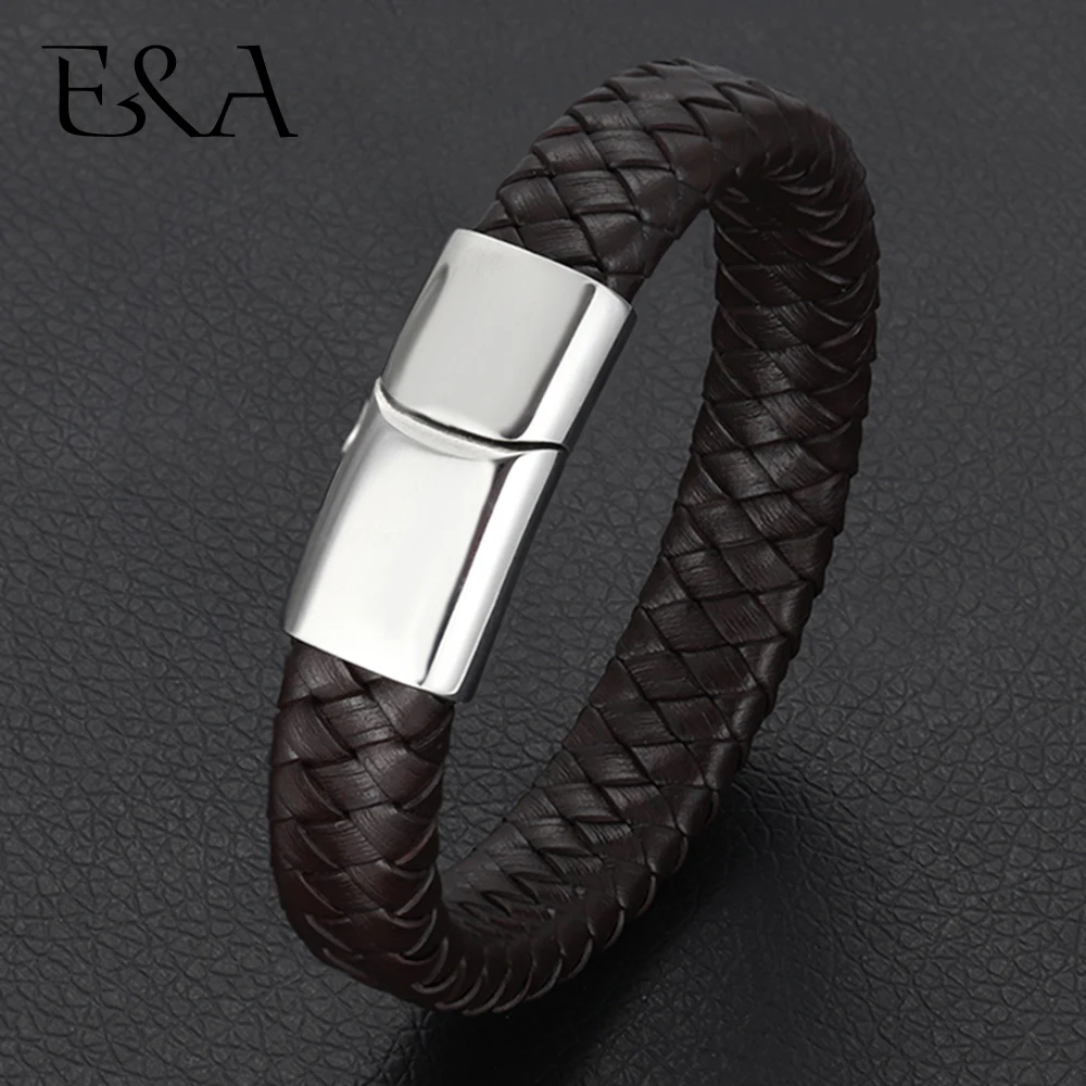 Unisex Braided Genuine Leather Bracelet Stainless Steel Magnetic Clasp for Women Men Gift Trendy Jewelry Woven Custom Bangle